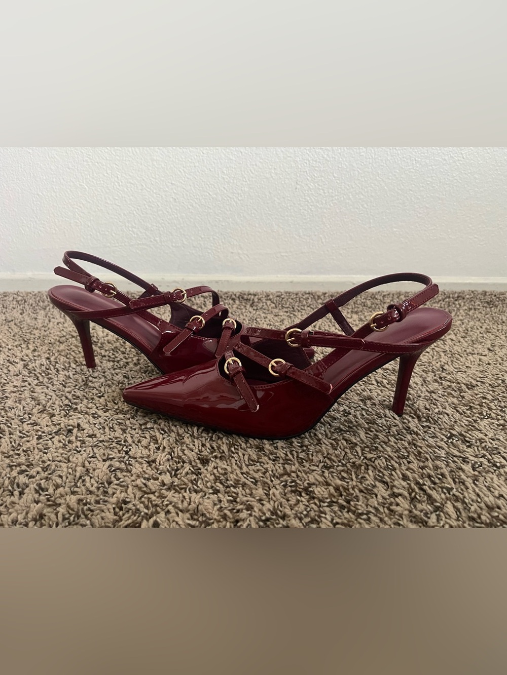 Patent Leather Burgundy Strappy Pointed-Toe Heels